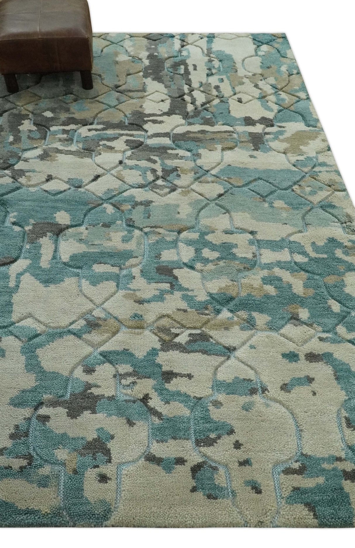 Carved Texture Ivory, Blue, Olive and Charcoal Modern Abstract 5x8 Hand Knotted wool Area Rug
