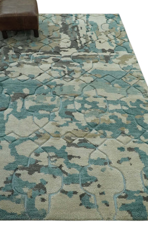 Carved Texture Ivory, Blue, Olive and Charcoal Modern Abstract 5x8 Hand Knotted wool Area Rug