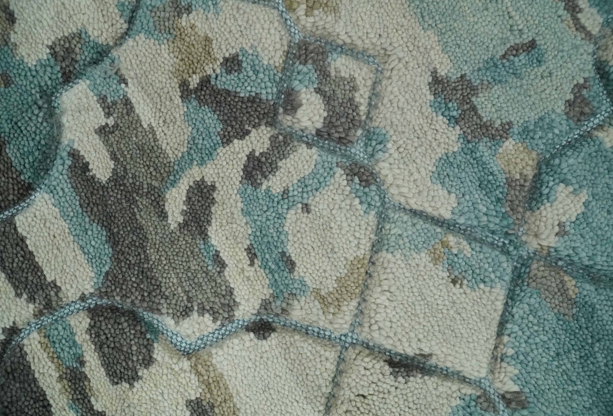 Carved Texture Ivory, Blue, Olive and Charcoal Modern Abstract 5x8 Hand Knotted wool Area Rug