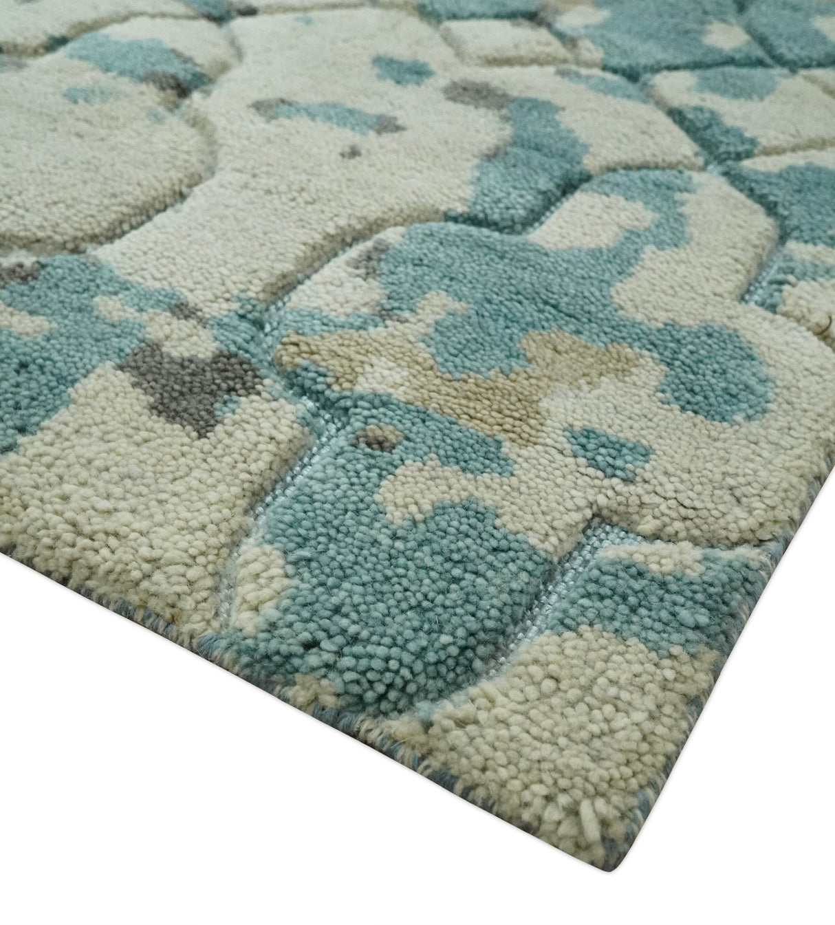 Carved Texture Ivory, Blue, Olive and Charcoal Modern Abstract 5x8 Hand Knotted wool Area Rug