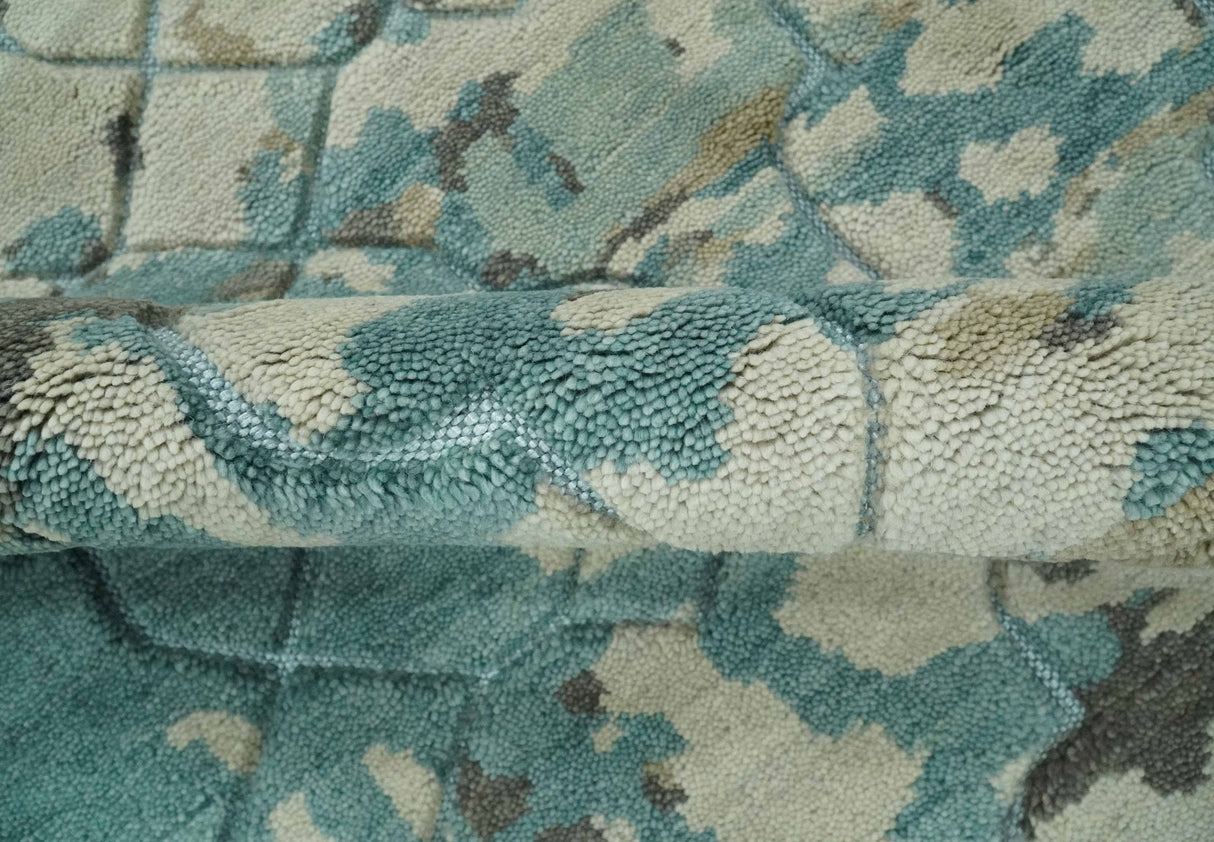 Carved Texture Ivory, Blue, Olive and Charcoal Modern Abstract 5x8 Hand Knotted wool Area Rug