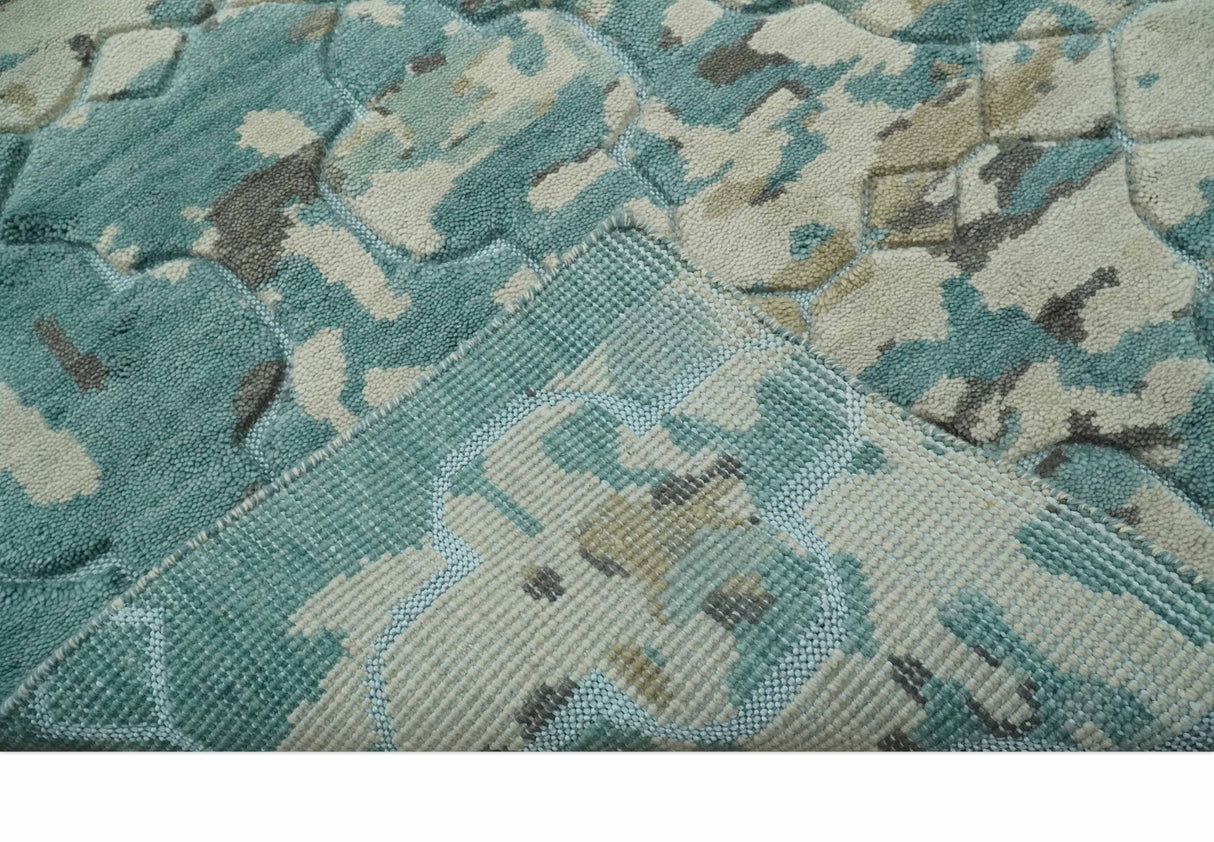 Carved Texture Ivory, Blue, Olive and Charcoal Modern Abstract 5x8 Hand Knotted wool Area Rug