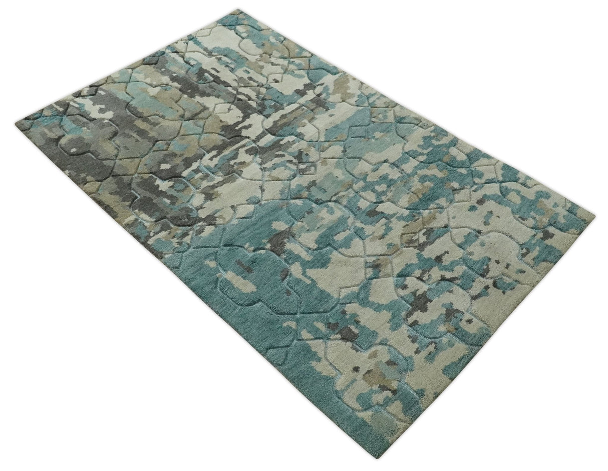 Carved Texture Ivory, Blue, Olive and Charcoal Modern Abstract 5x8 Hand Knotted wool Area Rug