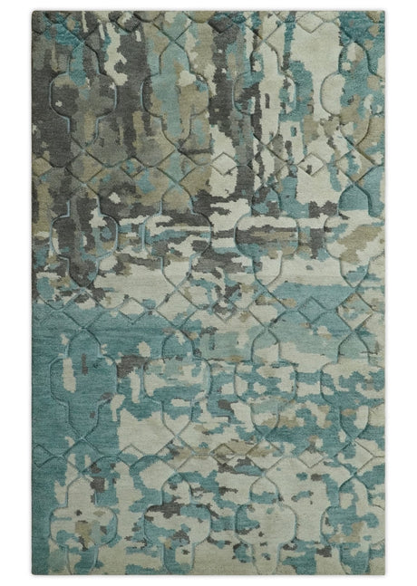 Carved Texture Ivory, Blue, Olive and Charcoal Modern Abstract 5x8 Hand Knotted wool Area Rug