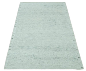 Carved Texture Modern Geometrical Design Custom Made Ivory and Light Blue Wool Area Rug