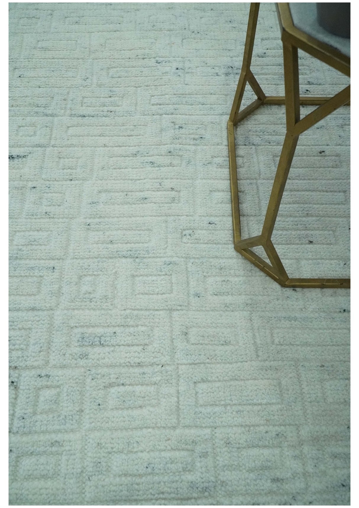 Carved Texture Modern Geometrical Design Custom Made Ivory and Light Blue Wool Area Rug