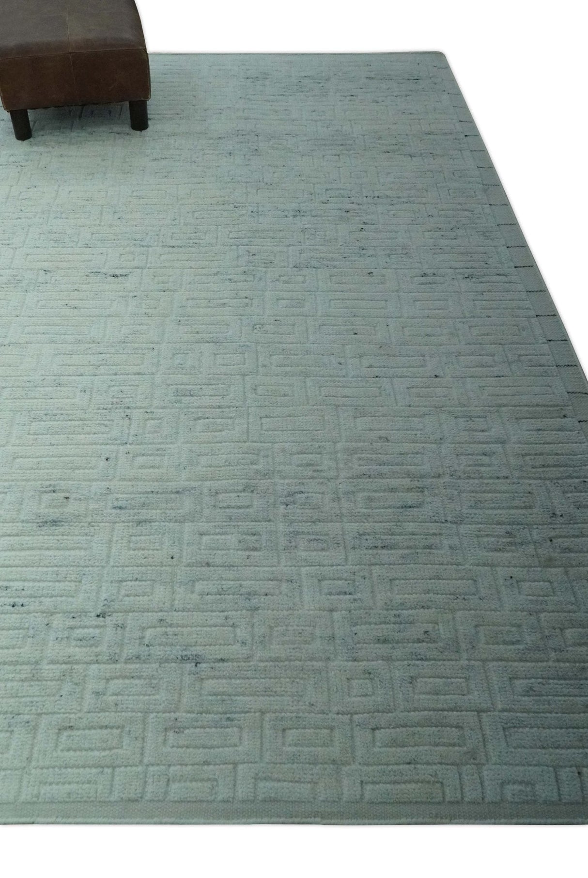Carved Texture Modern Geometrical Design Custom Made Ivory and Light Blue Wool Area Rug