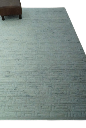 Carved Texture Modern Geometrical Design Custom Made Ivory and Light Blue Wool Area Rug
