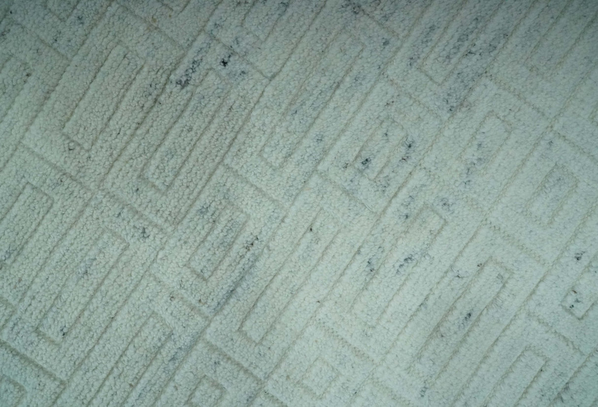 Carved Texture Modern Geometrical Design Custom Made Ivory and Light Blue Wool Area Rug