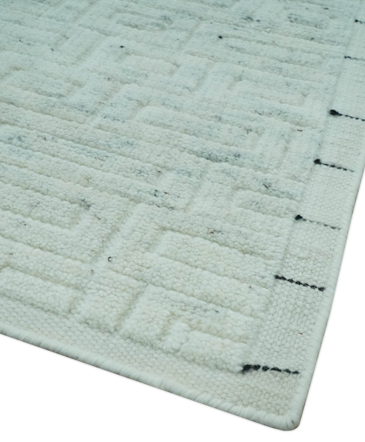 Carved Texture Modern Geometrical Design Custom Made Ivory and Light Blue Wool Area Rug