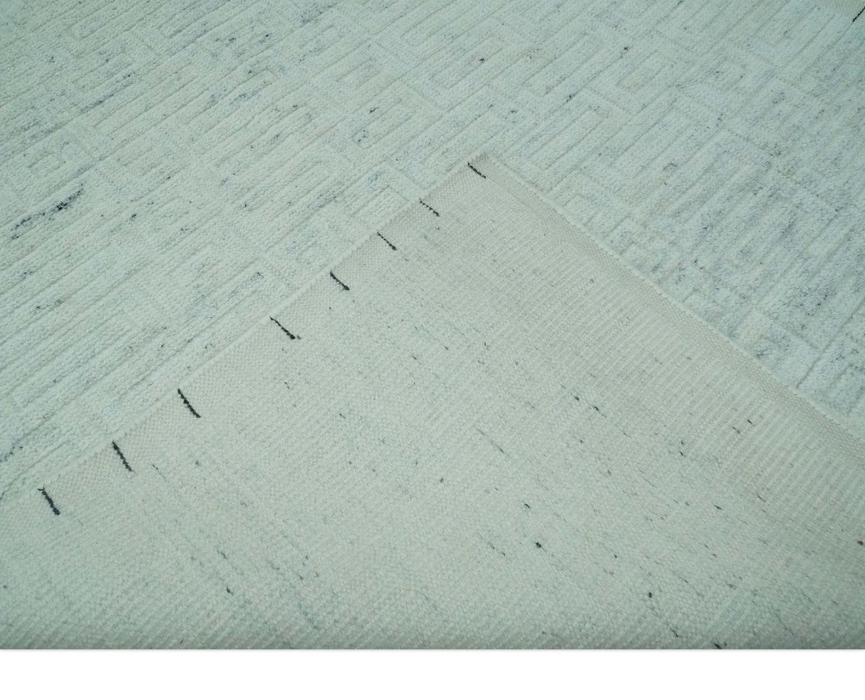 Carved Texture Modern Geometrical Design Custom Made Ivory and Light Blue Wool Area Rug