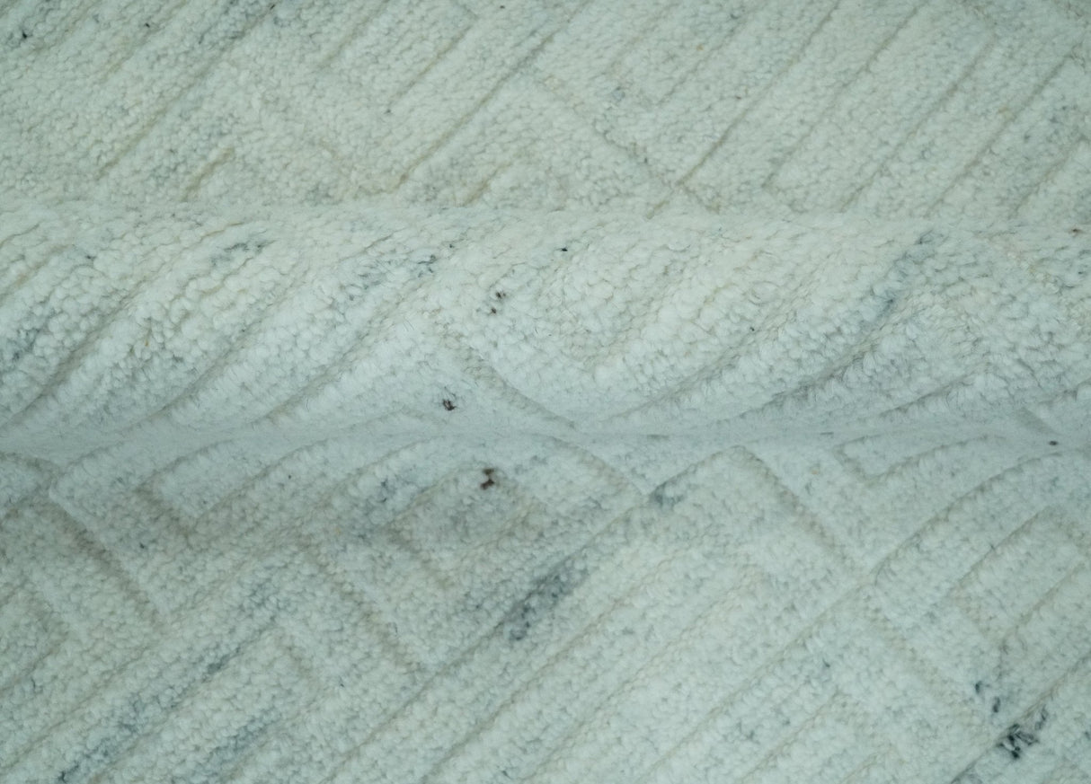 Carved Texture Modern Geometrical Design Custom Made Ivory and Light Blue Wool Area Rug