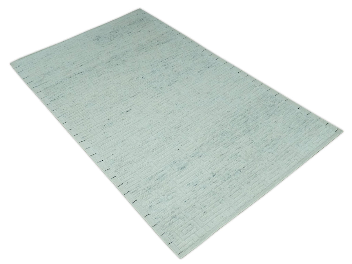 Carved Texture Modern Geometrical Design Custom Made Ivory and Light Blue Wool Area Rug