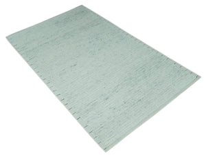 Carved Texture Modern Geometrical Design Custom Made Ivory and Light Blue Wool Area Rug