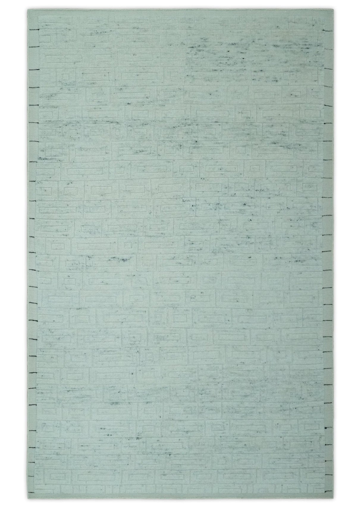 Carved Texture Modern Geometrical Design Custom Made Ivory and Light Blue Wool Area Rug
