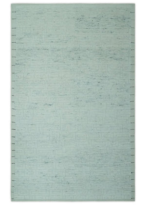 Carved Texture Modern Geometrical Design Custom Made Ivory and Light Blue Wool Area Rug