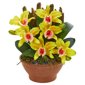 Cattleya Orchid Artificial Arrangement in Clay Vase