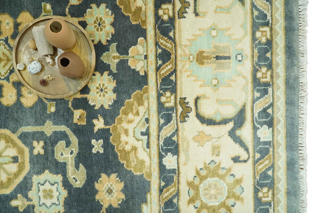 Charcoal, Beige and Olive Hand Knotted 8x10 Turkish Style Oushak Wool Area Rug