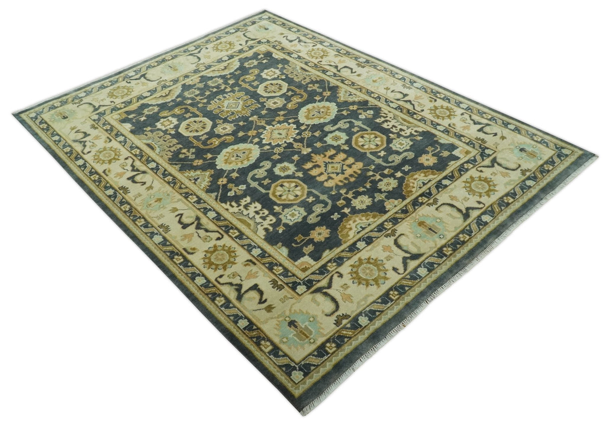 Charcoal, Beige and Olive Hand Knotted 8x10 Turkish Style Oushak Wool Area Rug