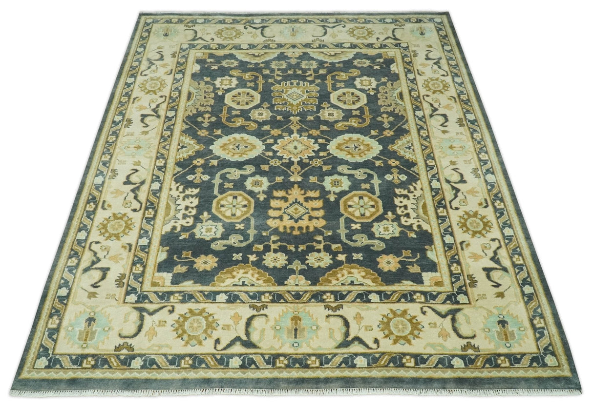 Charcoal, Beige and Olive Hand Knotted 8x10 Turkish Style Oushak Wool Area Rug