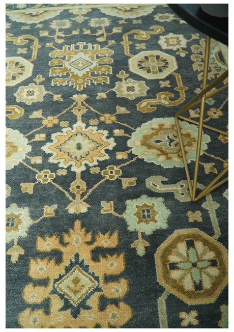 Charcoal, Beige and Olive Hand Knotted 8x10 Turkish Style Oushak Wool Area Rug