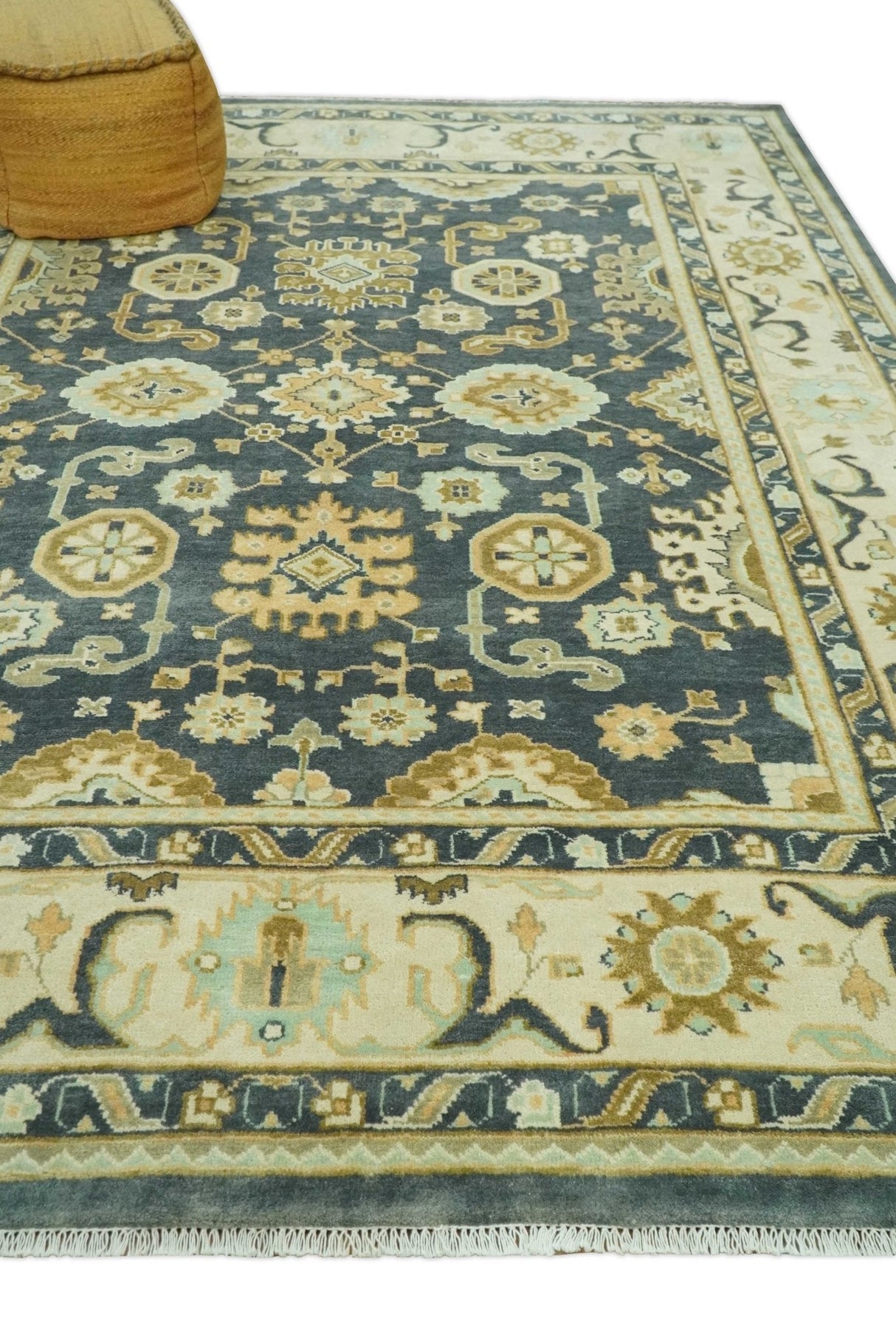 Charcoal, Beige and Olive Hand Knotted 8x10 Turkish Style Oushak Wool Area Rug