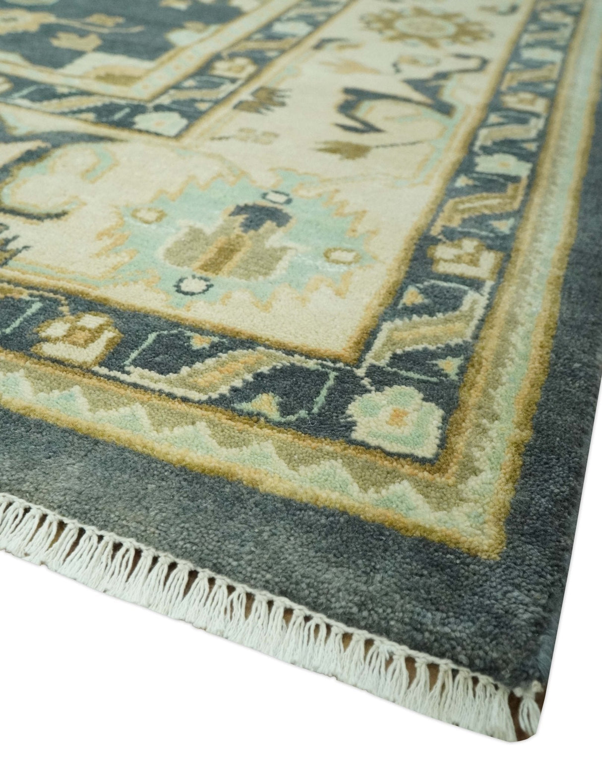 Charcoal, Beige and Olive Hand Knotted 8x10 Turkish Style Oushak Wool Area Rug