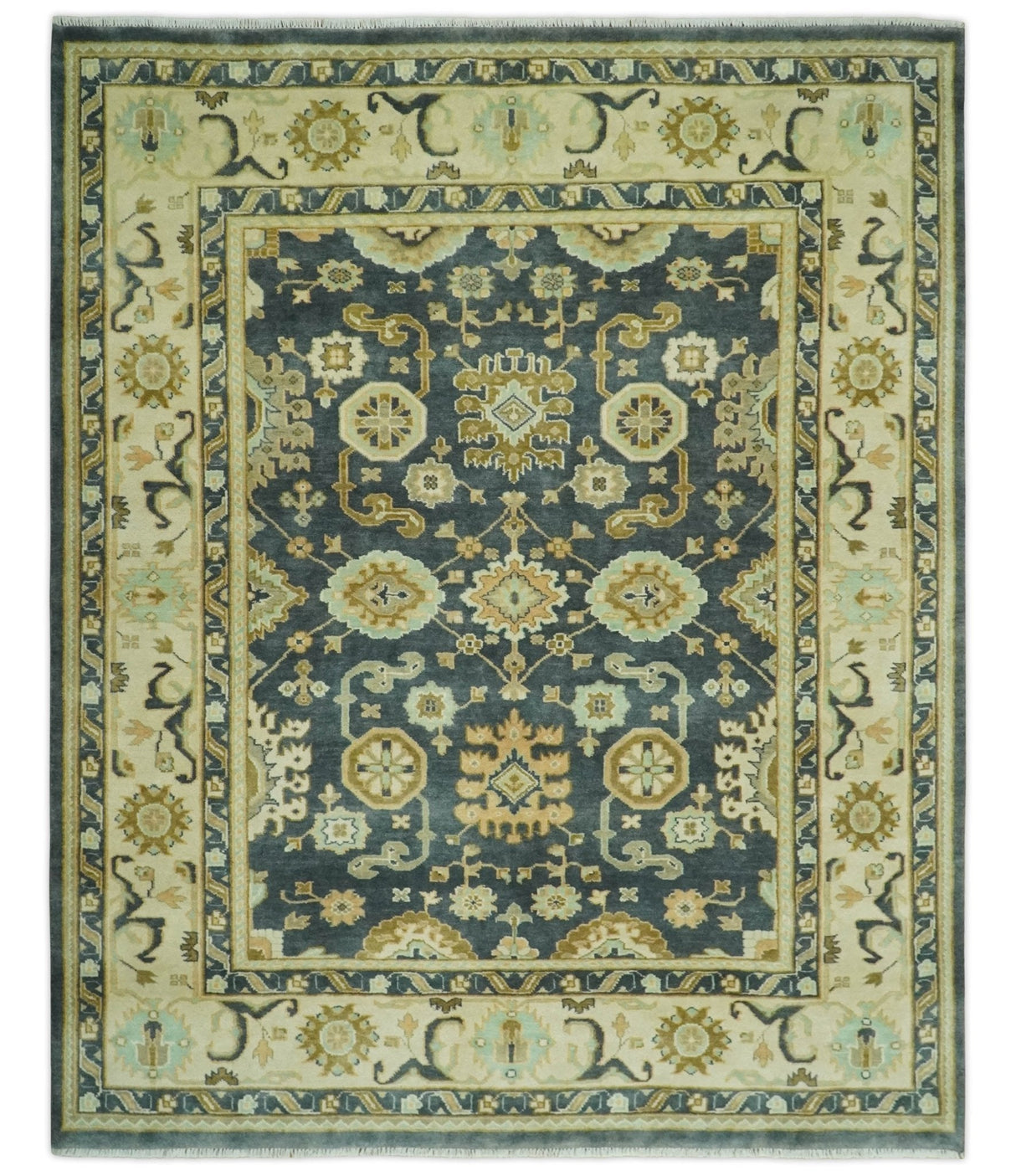 Charcoal, Beige and Olive Hand Knotted 8x10 Turkish Style Oushak Wool Area Rug