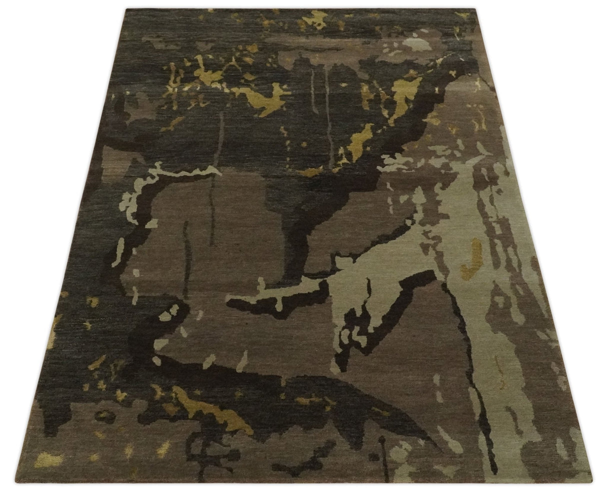 Charcoal, Brown, Beige and Olive Modern Abstract Hand loom 5x6.6 Wool And Art Silk Area Rug