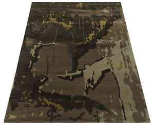 Charcoal, Brown, Beige and Olive Modern Abstract Hand loom 5x6.6 Wool And Art Silk Area Rug