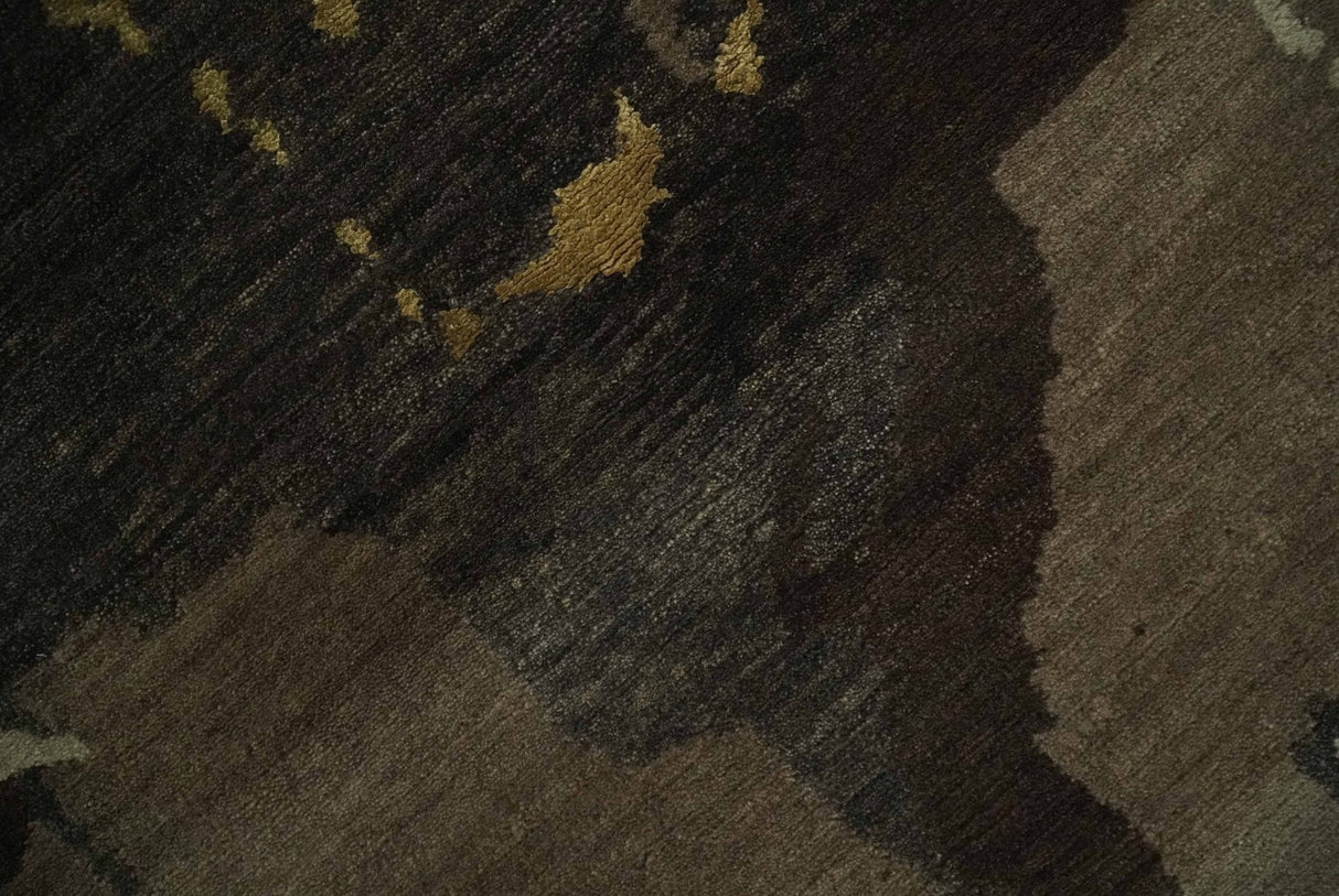 Charcoal, Brown, Beige and Olive Modern Abstract Hand loom 5x6.6 Wool And Art Silk Area Rug