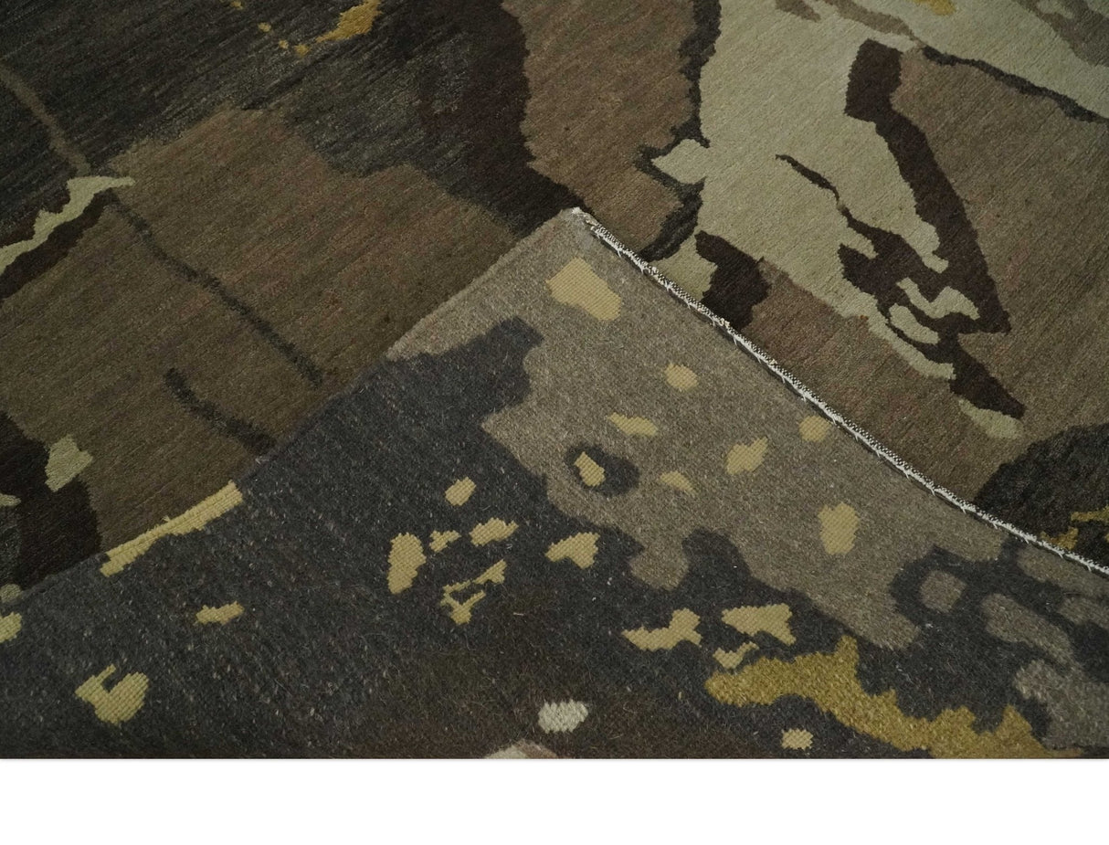 Charcoal, Brown, Beige and Olive Modern Abstract Hand loom 5x6.6 Wool And Art Silk Area Rug
