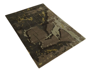 Charcoal, Brown, Beige and Olive Modern Abstract Hand loom 5x6.6 Wool And Art Silk Area Rug