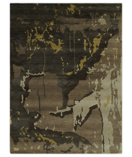 Charcoal, Brown, Beige and Olive Modern Abstract Hand loom 5x6.6 Wool And Art Silk Area Rug