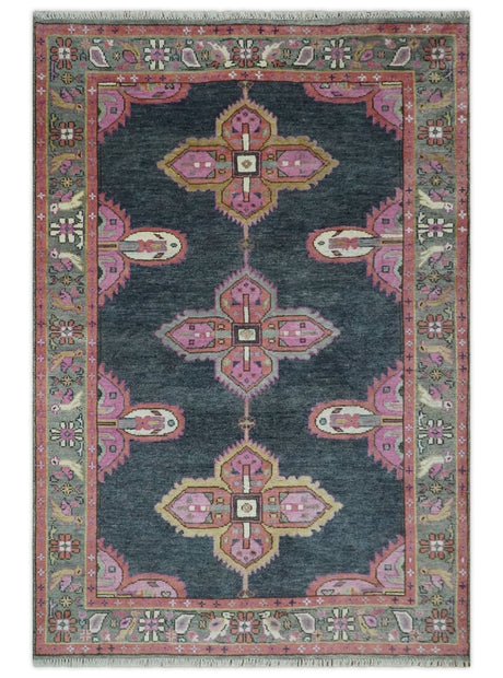 Charcoal, Gray and Pink Traditional Hand Knotted 5x8 and 6x9 Wool Area Rug