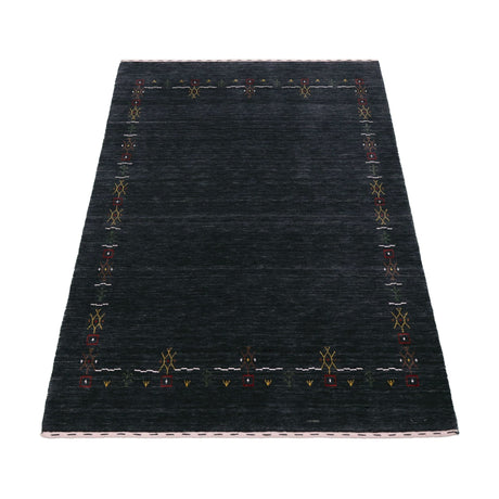 Charcoal Tribal Design Border Hand Loomed Wool Area Rug