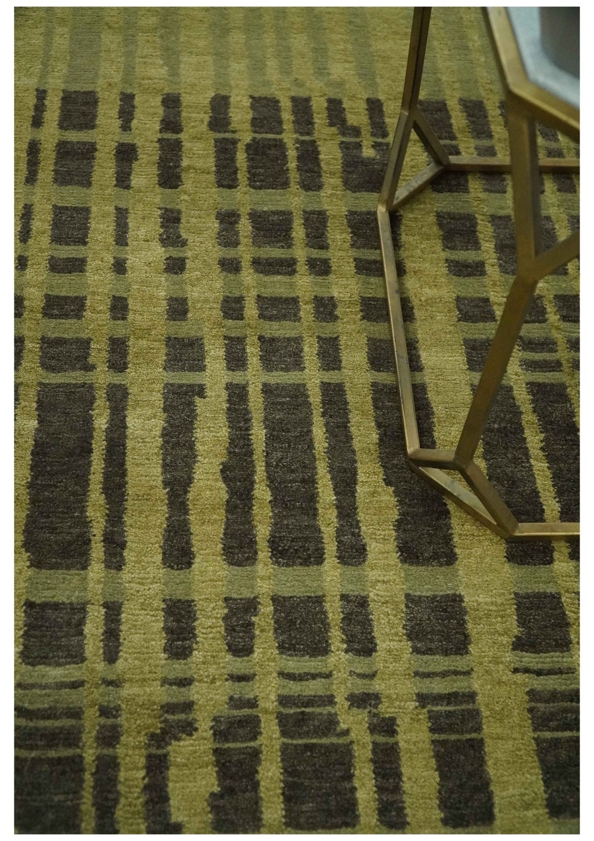 Charcoal and Olive Modern Stripes Design 5.8x7.10 Hand loom wool area Rug