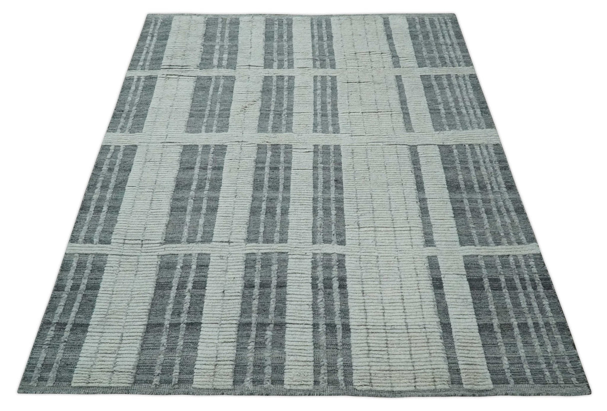 Charcoal and Silver Traditional Hand Knotted 8x10 Geometrical Pattern Wool Area Rug