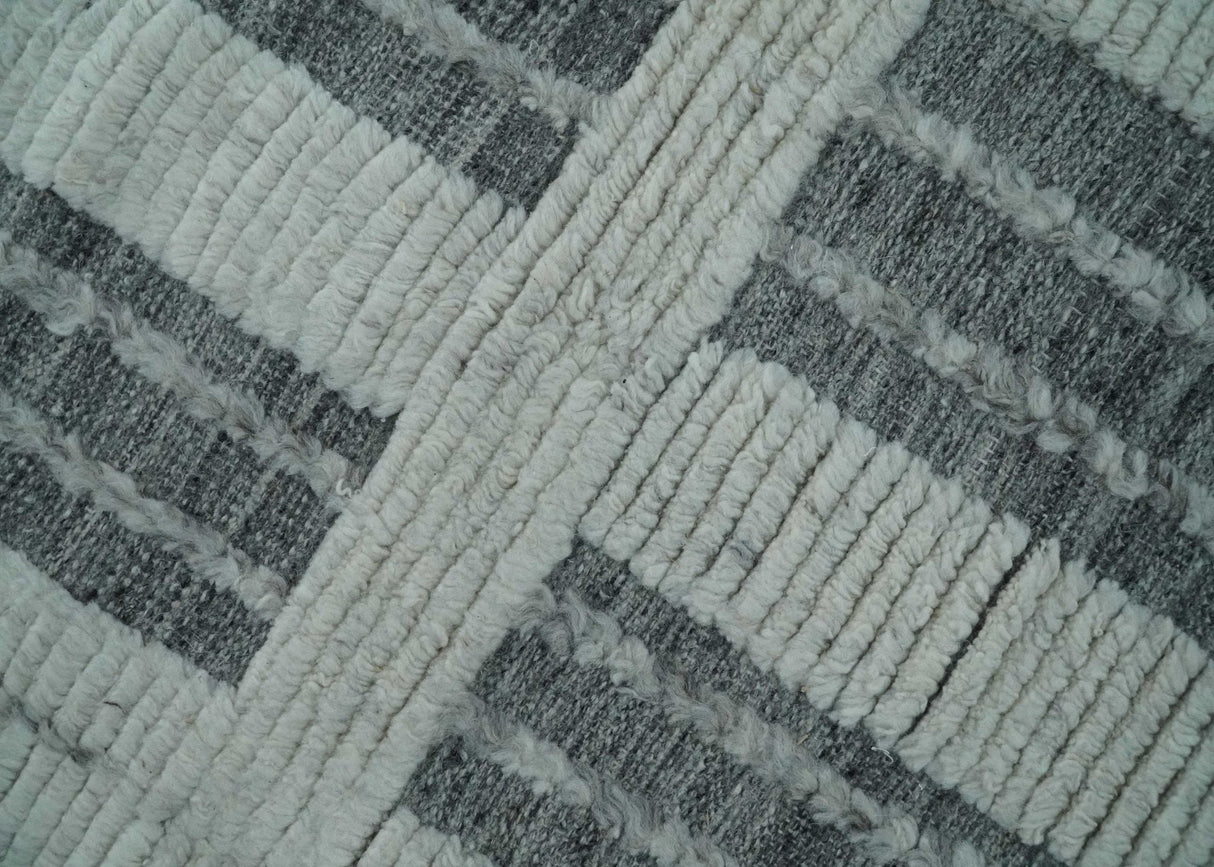 Charcoal and Silver Traditional Hand Knotted 8x10 Geometrical Pattern Wool Area Rug