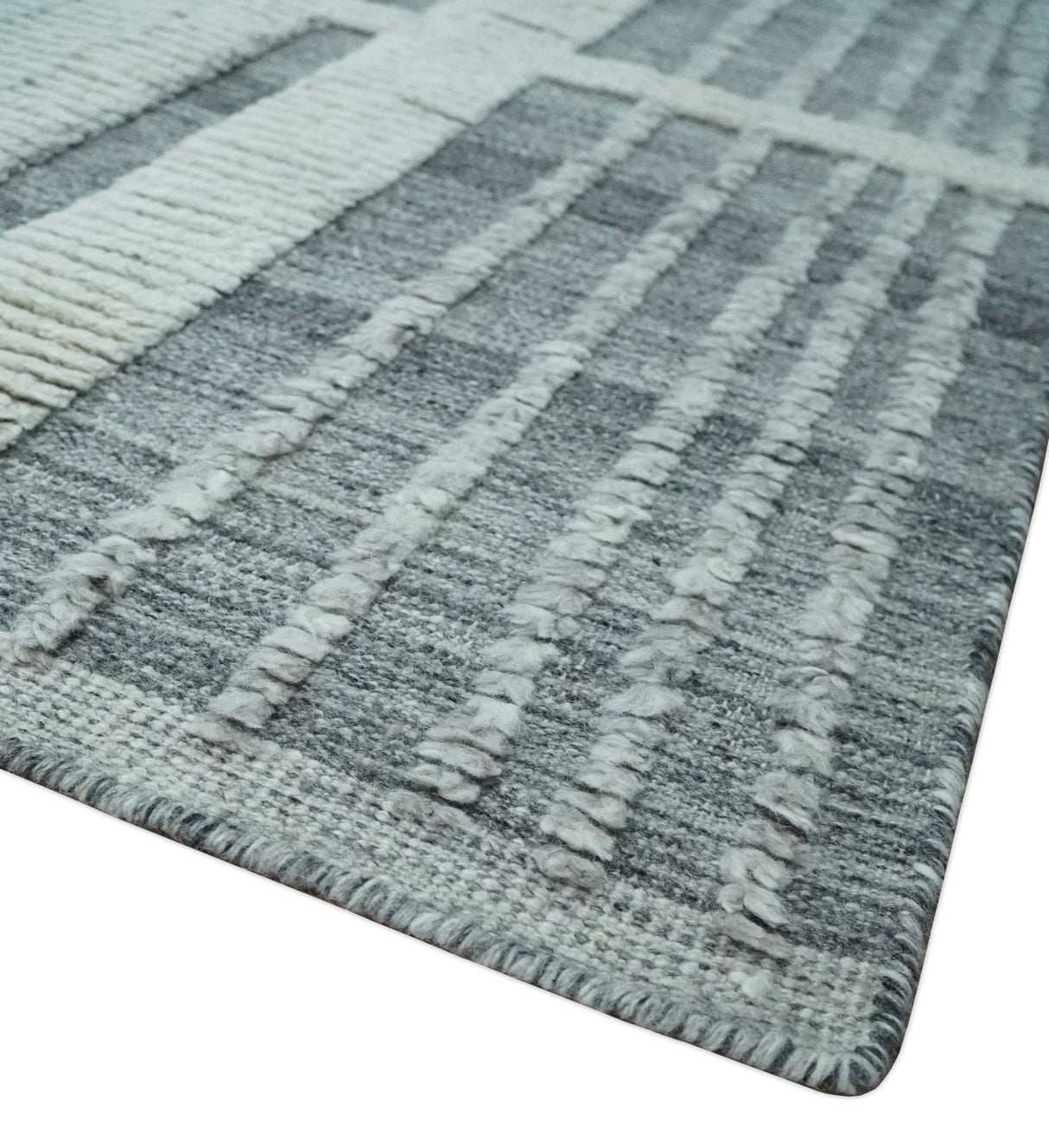 Charcoal and Silver Traditional Hand Knotted 8x10 Geometrical Pattern Wool Area Rug