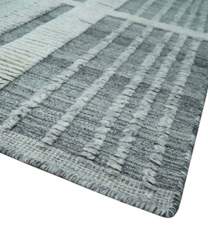 Charcoal and Silver Traditional Hand Knotted 8x10 Geometrical Pattern Wool Area Rug