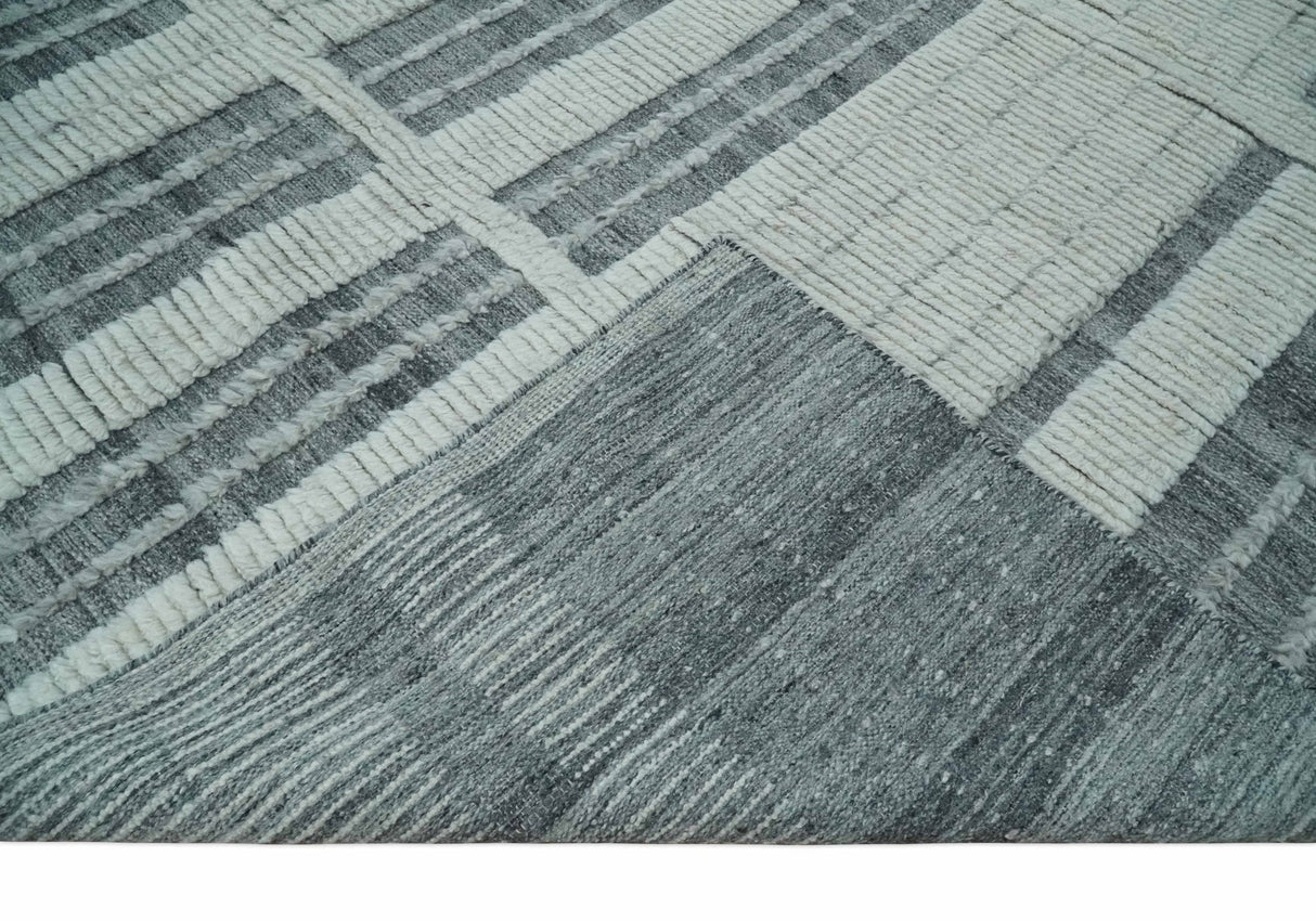 Charcoal and Silver Traditional Hand Knotted 8x10 Geometrical Pattern Wool Area Rug