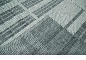 Charcoal and Silver Traditional Hand Knotted 8x10 Geometrical Pattern Wool Area Rug