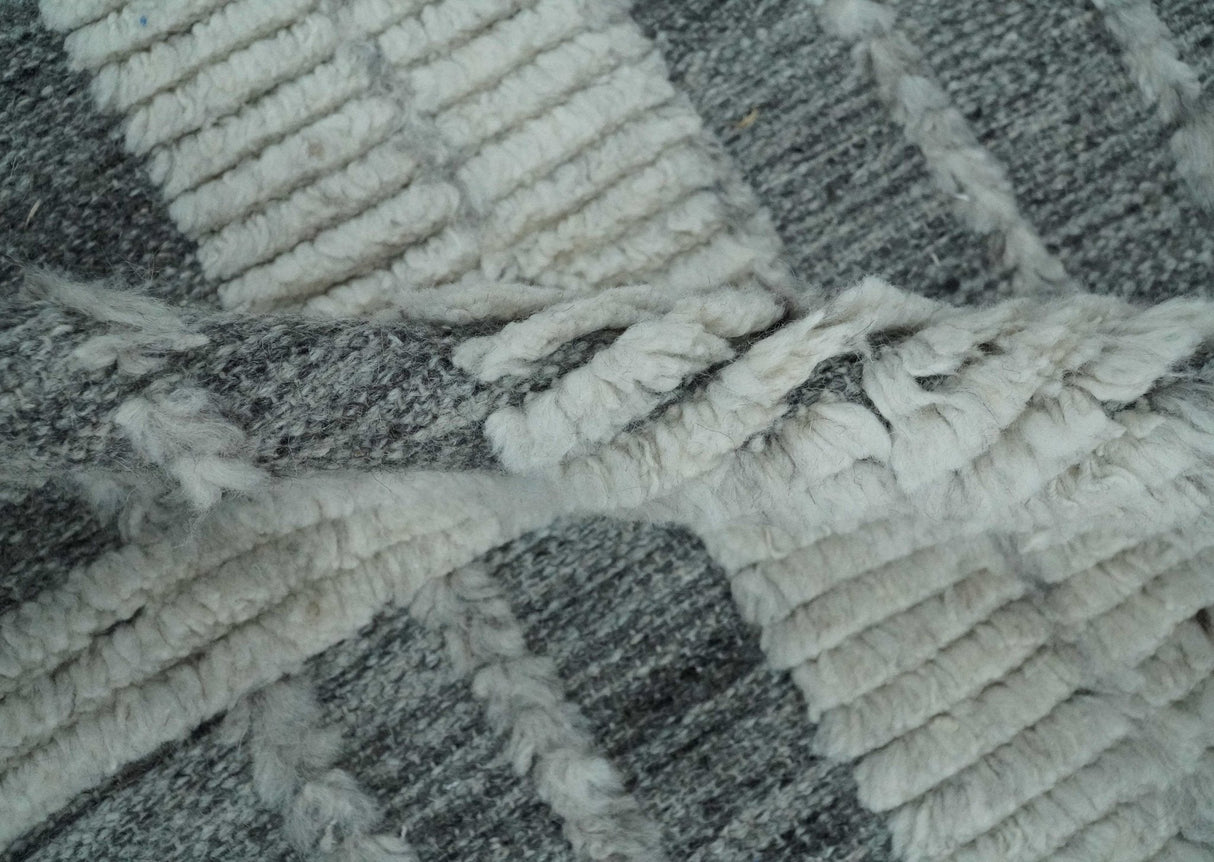 Charcoal and Silver Traditional Hand Knotted 8x10 Geometrical Pattern Wool Area Rug