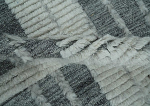 Charcoal and Silver Traditional Hand Knotted 8x10 Geometrical Pattern Wool Area Rug
