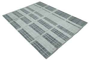 Charcoal and Silver Traditional Hand Knotted 8x10 Geometrical Pattern Wool Area Rug