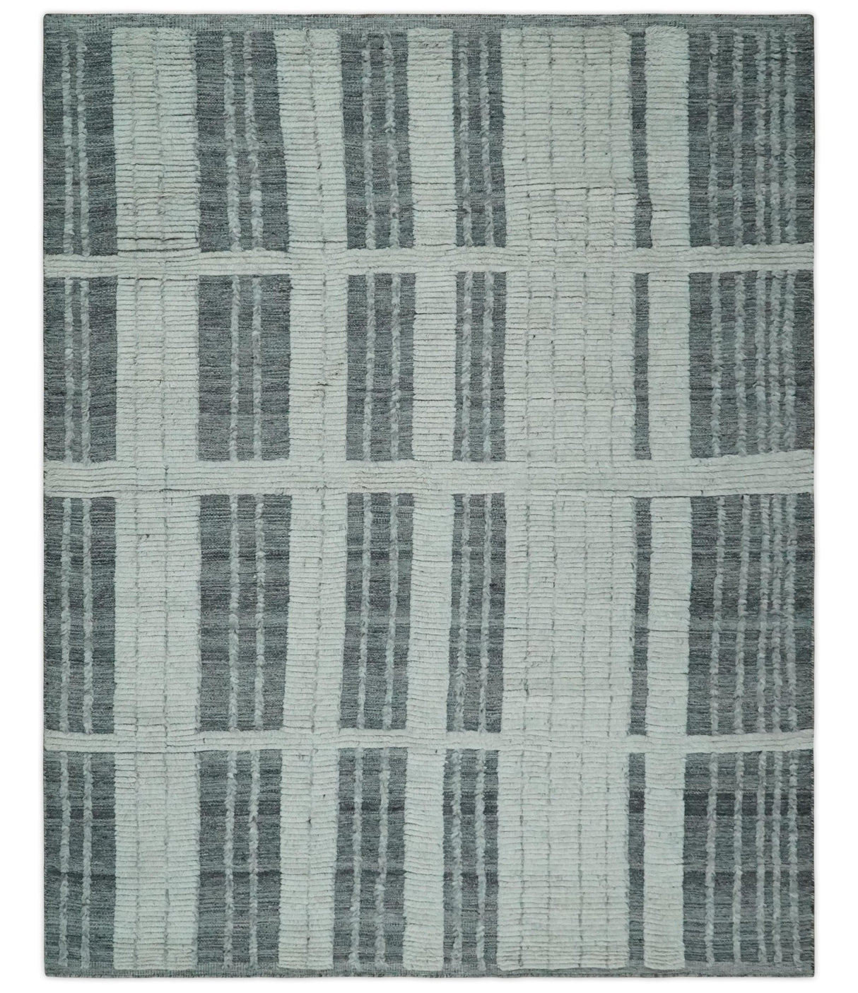 Charcoal and Silver Traditional Hand Knotted 8x10 Geometrical Pattern Wool Area Rug