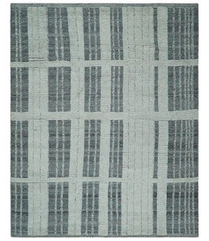 Charcoal and Silver Traditional Hand Knotted 8x10 Geometrical Pattern Wool Area Rug