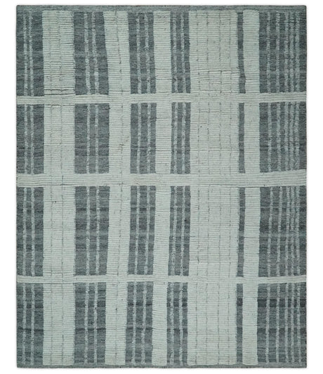 Charcoal and Silver Traditional Hand Knotted 8x10 Geometrical Pattern Wool Area Rug