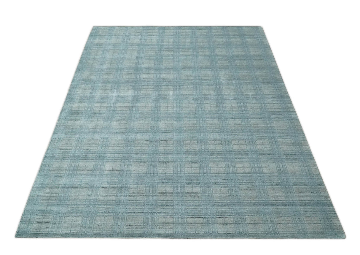 Checkered Blue and Gray Scandinavian 8x10 Hand Made Blended Wool Flatwoven Area Rug | KE26